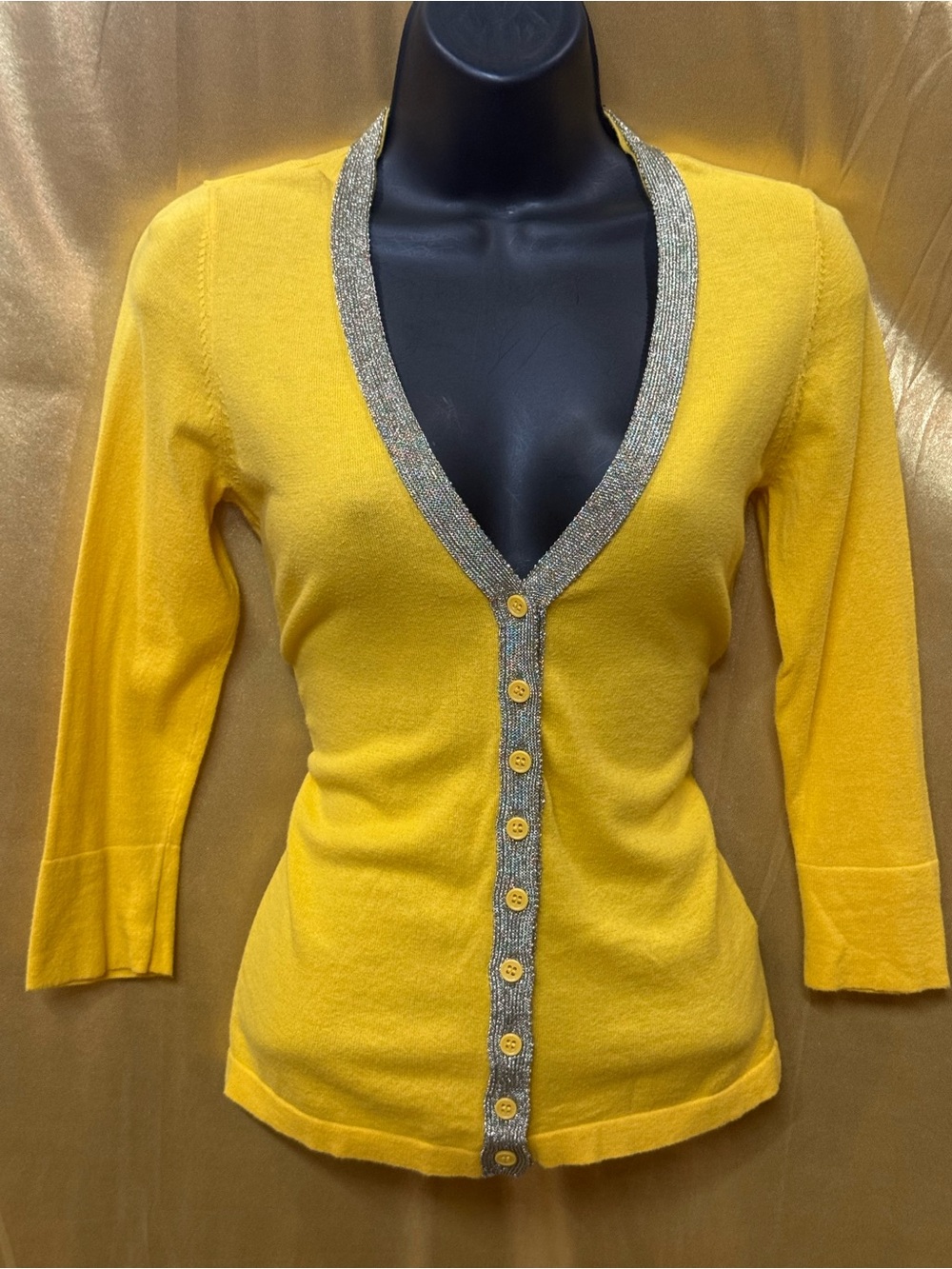 The Limited Yellow V-Neck Knit Cardigan Sweater Silver Metallic Trim Size XS